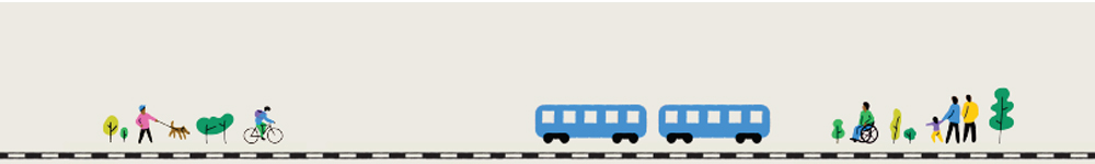 Cartoon of trainline and diverse group of people